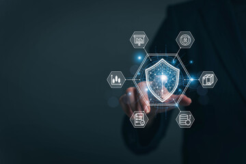Poster - Businesswoman locking sensitive financial data for cyber security protection. cyber security concept User Privacy Security and Encryption Future technology and cybernetics lock screen key....