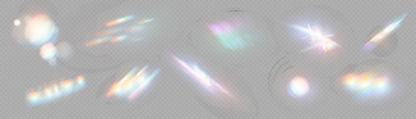 set of colorful vector lenses and light flares with transparent effects. iridescent crystal leak gla