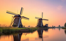 Windmills In Kinderdijk At Sunset, The Netherlands, Generative AI.