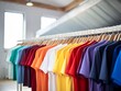 A collection colorful t-shirts on hang for sale in shop. Multicolored T shirts summer top on a wooden clothes hanger in clothing rack over.