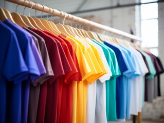 A collection colorful t-shirts on hang for sale in shop. Multicolored T shirts summer top on a wooden clothes hanger in clothing rack over.