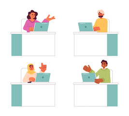 Poster - Multicultural workers at office semi flat concept vector spot illustrations set. People sitting at desk 2D cartoon characters on white for web UI design. Isolated editable creative hero image