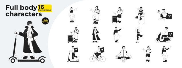 Canvas Print - Active people monochromatic flat vector characters bundle. Leisure yoga. Food delivery. Editable full body people in different poses on white. Simple bw cartoon spot image for web graphic design