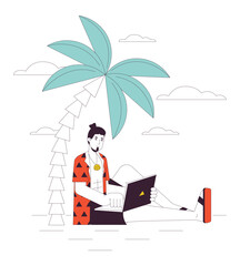 Poster - freelancer on vacation flat line concept vector spot illustration. caucasian man with laptop working