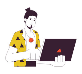 Fototapete - Cheerful man working flat line color vector character. Editable outline half body freelancer typing message on white. Summertime vacation simple cartoon spot illustration for web graphic design