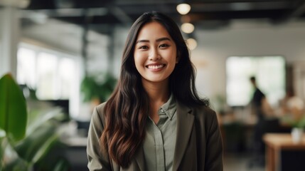 Portrait of happy asian woman smiling standing in modern office space