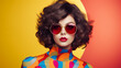 © Aul Zitzke - Studio shot of brunette girl with lipstick and sunglasses posing on colored retro background. Fashionable portrait of young woman wearing trendy clothes and looking at the camera. Generative AI.