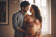 Adult Couple Expecting A Baby While Husband Caresses The Belly Of His Pregnant Beautiful Woman. Lovely Handsome Man Touching Belly Of His Girlfriend And Feeling Baby Movement. AI Generative