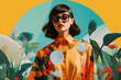 © SnowElf - Stylish young woman wearing sunglasses retro style. Fashion poster. Sustainable fashion, collage art with glass morphism effect.