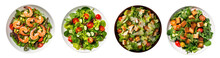 Rich Plates Of Salad From Green Leaves Mix And Vegetables With Avocado Or Eggs, Chicken And Shrimps Isolated On Transparent Background