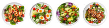 Rich Plates Of Salad From Green Leaves Mix And Vegetables With Avocado Or Eggs, Chicken And Shrimps Isolated On Transparent Background
