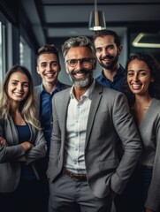 Wall Mural - Portrait of laughing bussines team standing in office room. Generative AI