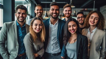 Wall Mural - Portrait of laughing bussines team standing in office room. 