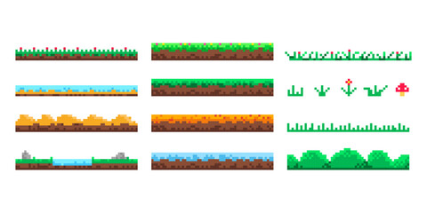 Pixel art game background. A set of pixelated seamless landscape elements with lake, flowers, trees to create various scene in games.  8 bit elements with ground and grass.