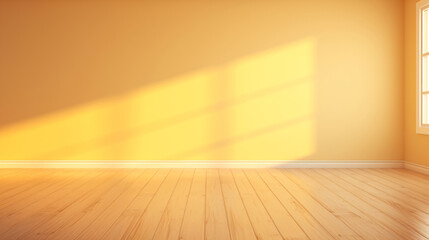 Empty room with a yellow wall and wooden floors. It is well-lit, as sunlight is streaming through the windows, creating a bright and inviting atmosphere. 