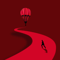 A man runs on a winding path as he tries to catch up with a flying hot air balloon in a metaphor image about chasing a dream. This is a 3-d illustration.
