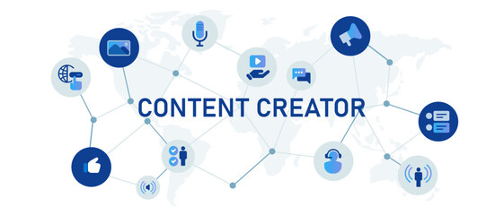 Poster - content creator concept of video multimedia video blogger author icon set illustration