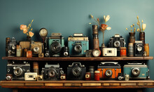 Background With Abstract Vintage Cameras On The Shelf.