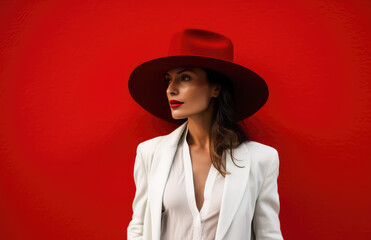 Attractive woman dressed in white with a hat posing in front of a red wall. Generative AI