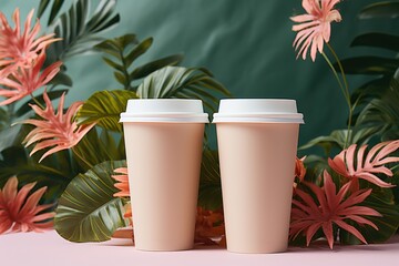 Two pink paper coffee cups with green and pink leaves in the background. Minimalism concept.