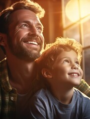 Wall Mural - Happy Father Day. Father and son smiling happily. Generative AI