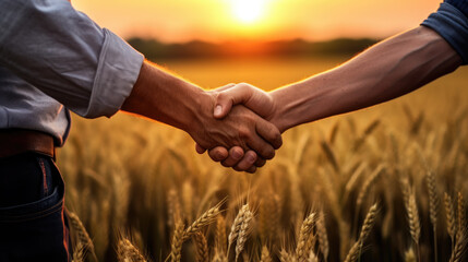two farmers shake hands in front of a wheat field.