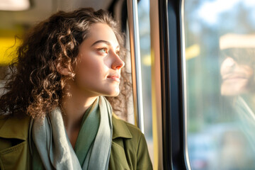 Wall Mural - Pensive young woman, happily gazing out the window during her morning commute on an urban light rail train, expressing gratitude