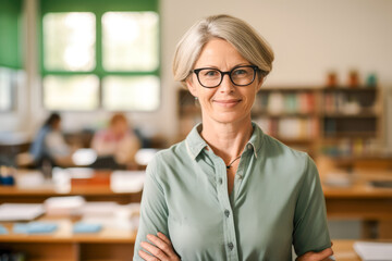 Portrait of female elementary school teacher in classroom, with children in background