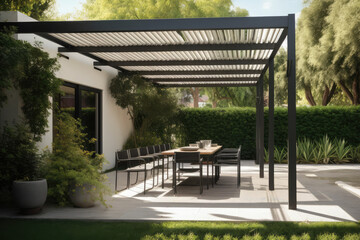 Modern black bio climatic pergola with top view on an outdoor patio. Teak wood flooring, a pool, and lounge chairs. green grass and trees in a garden, generative AI	