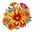 A bunch of orange and yellow calendula flowers with green leaves on a transparent background Generative AI
