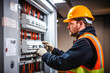 © MVProductions - Male commercial electrician at work on a fuse box, adorned in safety gear, demonstrating professionalism