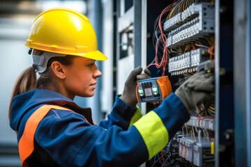 female commercial electrician at work on a fuse box, adorned in safety gear, demonstrating professio