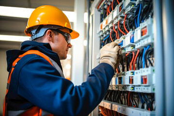 male commercial electrician at work on a fuse box, adorned in safety gear, demonstrating professiona