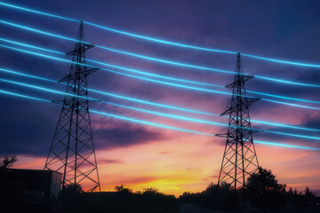 Wall Mural - electricity transmission towers with orange glowing wires the starry night sky. energy infrastructur