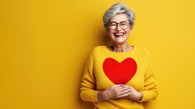 Mature woman in yellow sweater with a heart on yellow background.