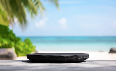 Poster - Empty black marble product stand on white table with sea and palm tree background.