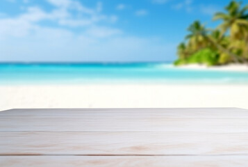 Poster - White wooden table top on blur beach background - can be used for display or montage your products