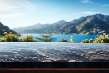 Poster - Empty black marble table top with sea view and mountain background, product display montage