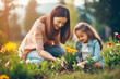 Mother and young daughter gardening together, bonding while planting flowers and vegetables, nurturing growth and cultivating a love for nature