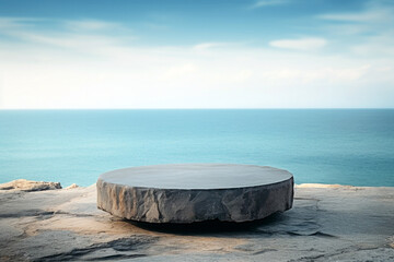 Empty round stone platform on seascape background.