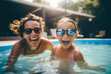 Mother and daughter enjoying a summer afternoon in a swimming pool, both wearing sunglasses and smiling