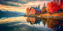 Beautiful Landscape With A Red House On The Lake With Water Reflection And Bright Sky With Clouds