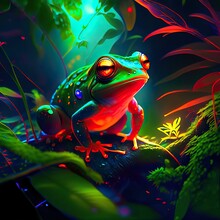 3d Rendering Of A Green Frog In A Botanical Garden. AI Generated