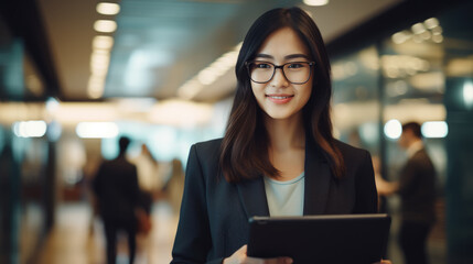 Wall Mural - A young Asian businesswoman stands in an office with a tablet in her hands.