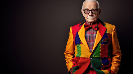 Wall Mural - Brightly dressed stylish elderly man on dark background.