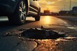 Pothole on the road at Sunset - Generative ai