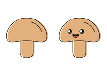 Brown Mushroom With Kawaii Eyes. Flat Line Design Vector Illustration Of Red Apple On White Background.