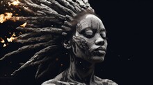 Female Shaman. Fashionable Woman Portrait With Body Painting And Burning Hair. Futuristic Style. Creative Concept. Generative AI Illustration For Cover, Card, Postcard, Interior Design Or Print.