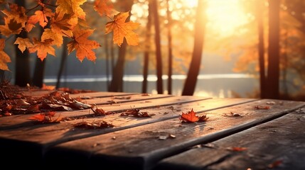 autumn table with orange leaves and wooden plank at sunset in forest, generative ai