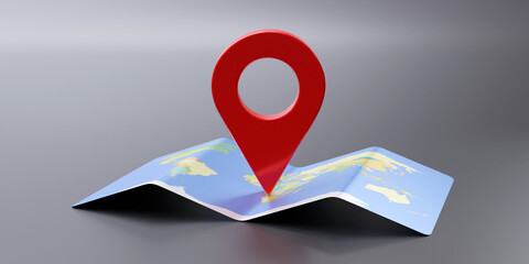 Sticker - World Map and red pin pointer location on grey. Travel navigation GPS concept.